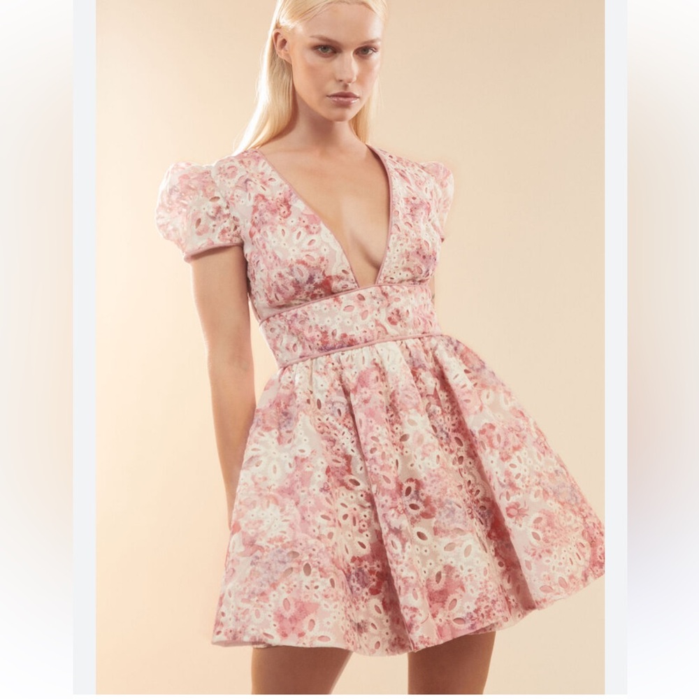 Bardot Pink Floral Plunging Puff-Sleeve Mini Dress